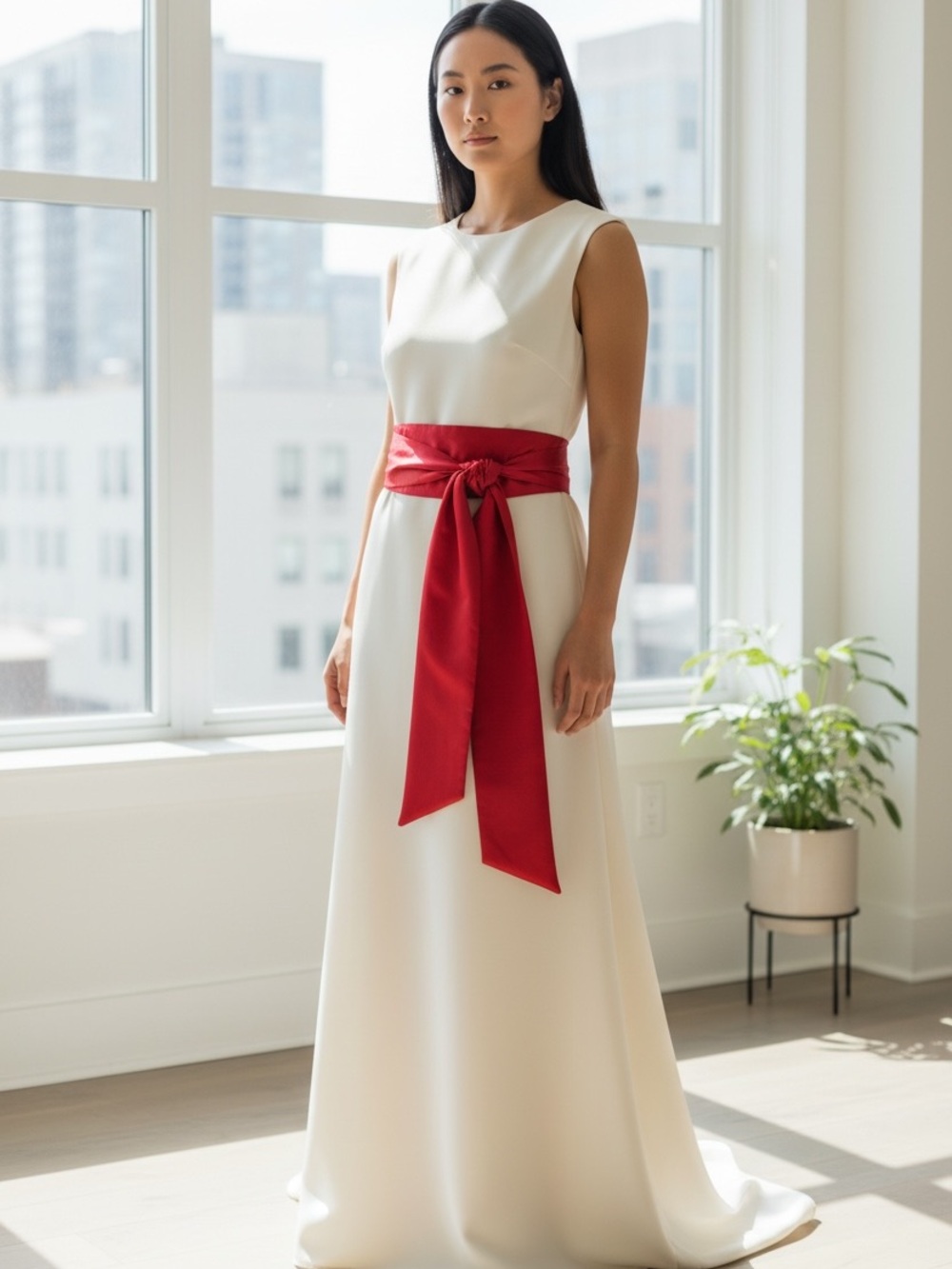 80s DESIGN GUILD RED SILK TAFFETA OBI SASH BELT LUXURY ASIAN INSPIRED 107"L